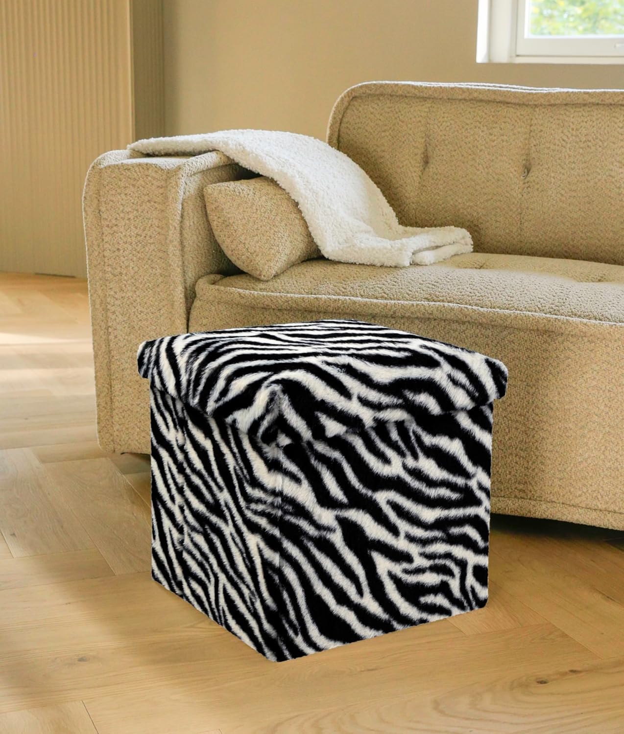 Luxe L 100% Faux Fur Go-Poufs Knock-Down Medium Cube Storage Ottoman, 15"x15"x15", Zebra Black/White, Sleek Seating, Footrest Organizer For Living Room Bedroom Nursery, Easy Setup Modern Compact Piece