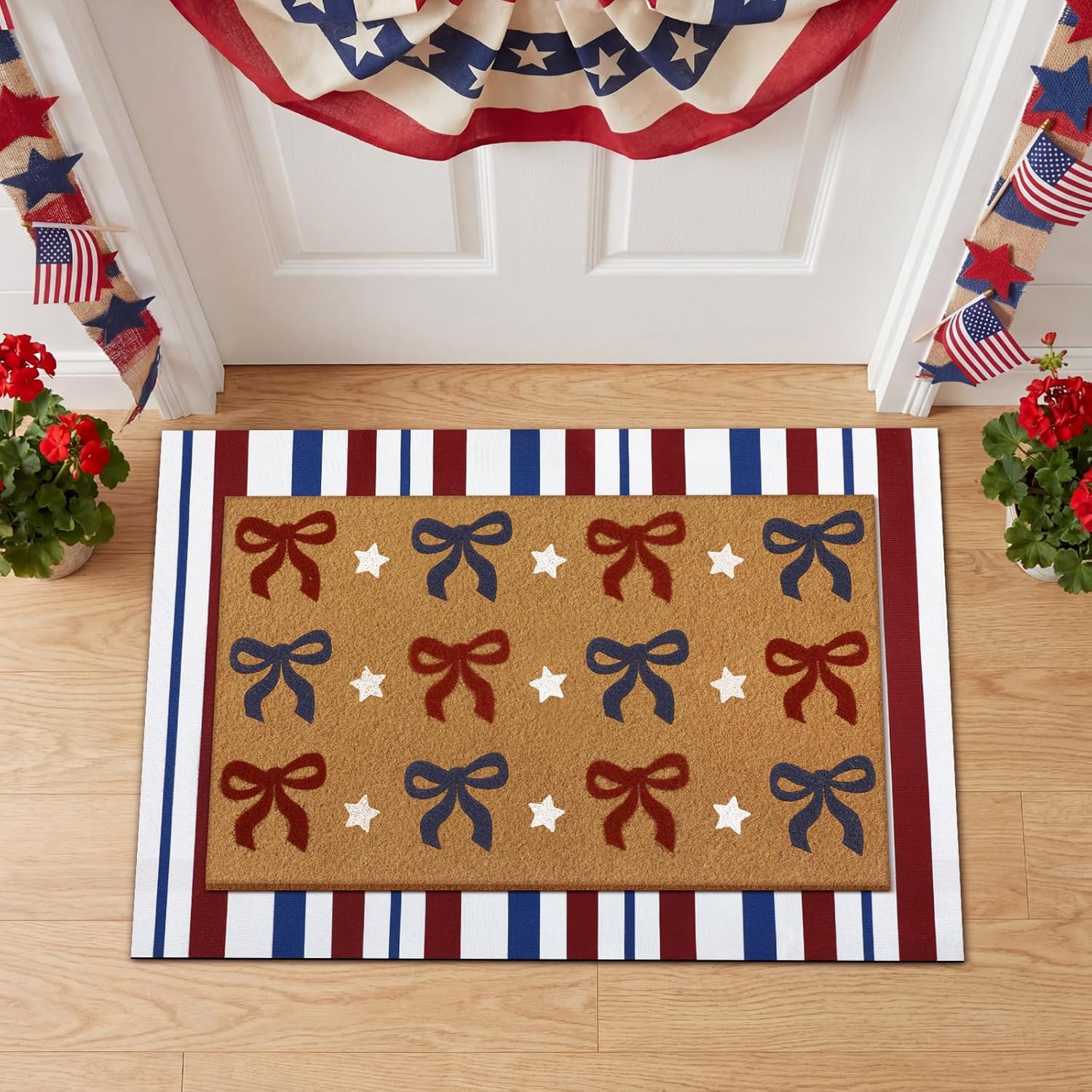 Tinideya 2 Pcs Independence Day Door Mat Patriotic Welcome Non Slip Coir Mats 4th of July Bow Star Floor Layering Doormats Seasonal for Front Porch Entryway Decor(Bow)