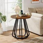 Tribesigns Small Round Side Table, 2-Tier Sofa End Table with Metal Frame and Lower Shelf, Wooden Bedside Nightstand for Small Spaces, Living Room, Bedroom, Vintage Brown & Black