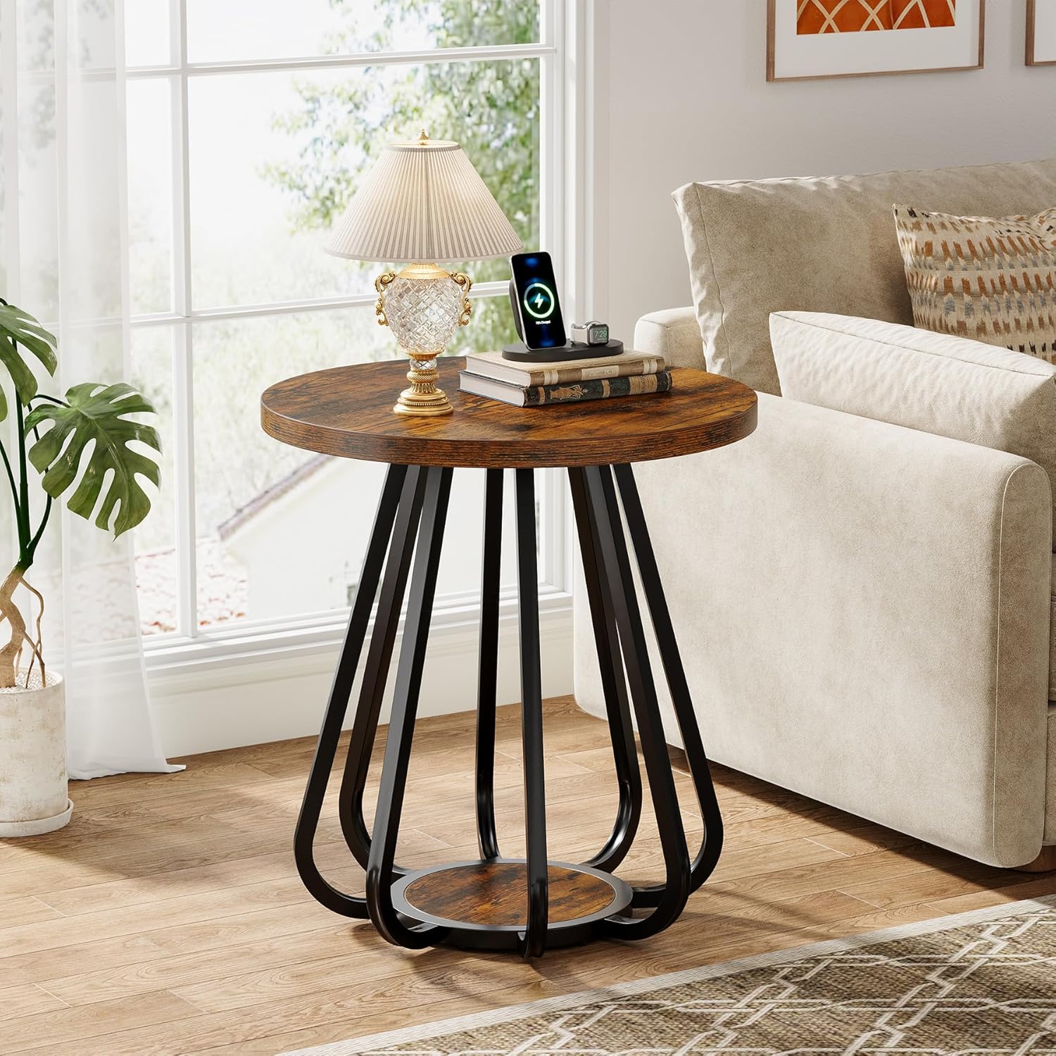 Tribesigns Small Round Side Table, 2-Tier Sofa End Table with Metal Frame and Lower Shelf, Wooden Bedside Nightstand for Small Spaces, Living Room, Bedroom, Vintage Brown & Black
