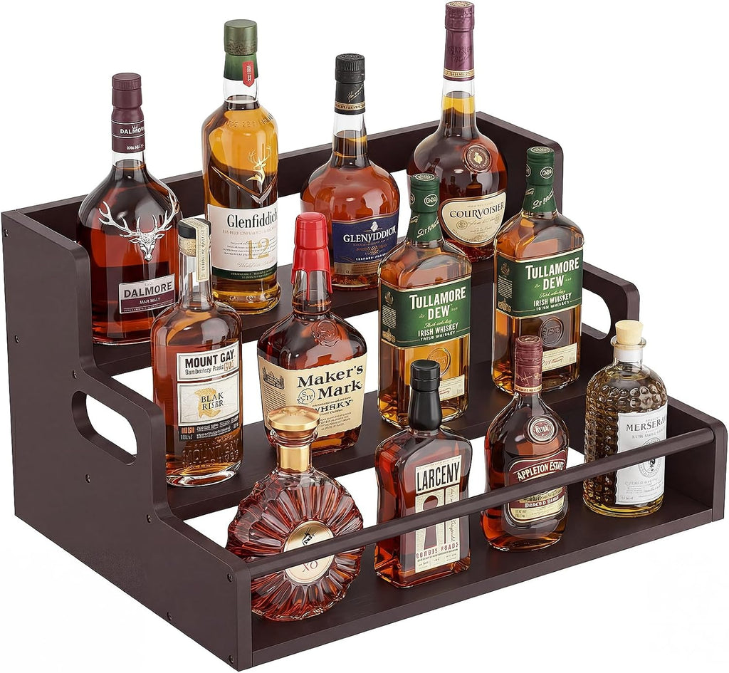 Bamboo Liquor Bottle Display Shelf, 3 Tier Coffee Syrup Rack Organizer, Countertop Liquor Stand for Home Bar, Dark Brown
