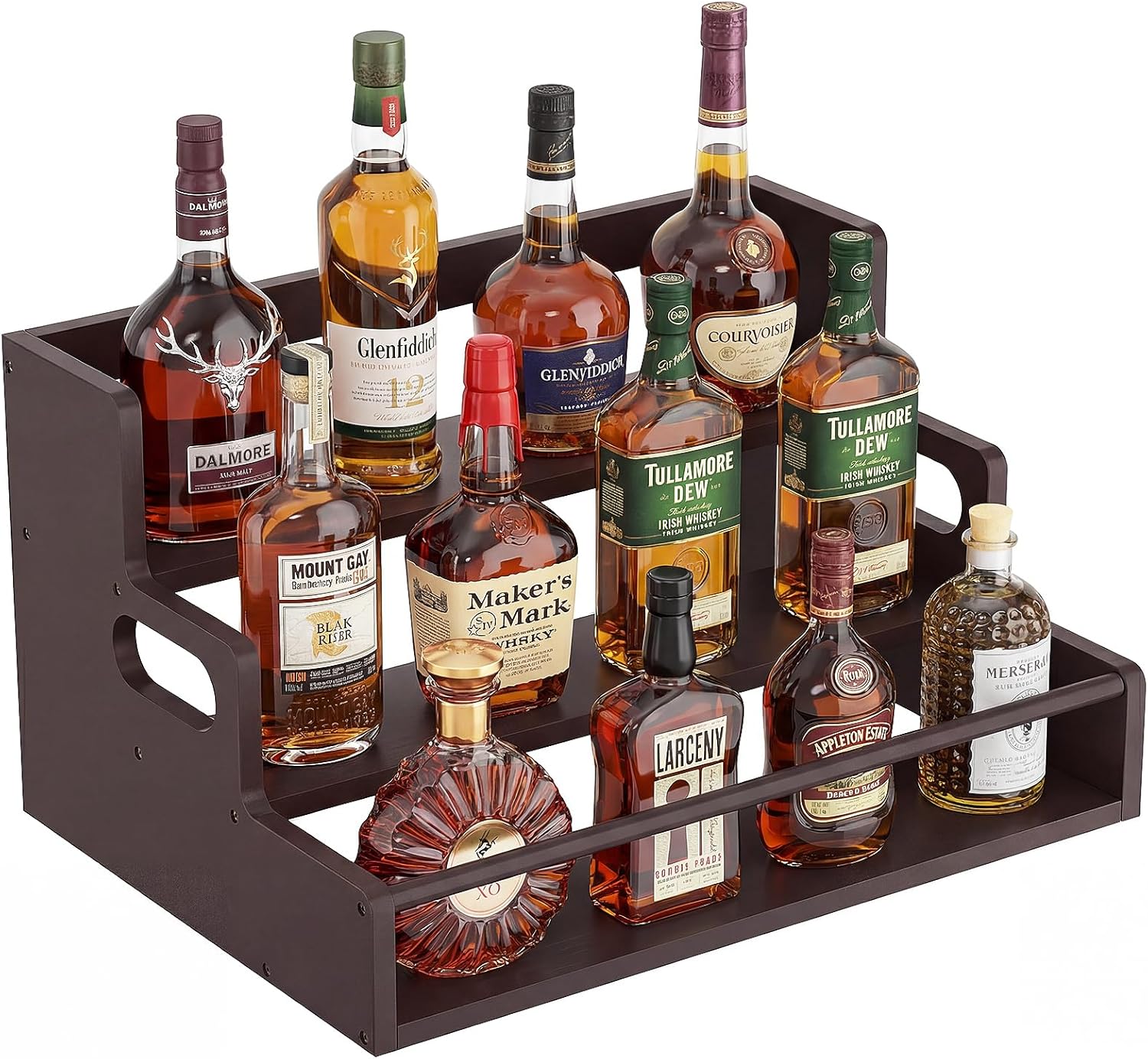 Bamboo Liquor Bottle Display Shelf, 3 Tier Coffee Syrup Rack Organizer, Countertop Liquor Stand for Home Bar, Dark Brown