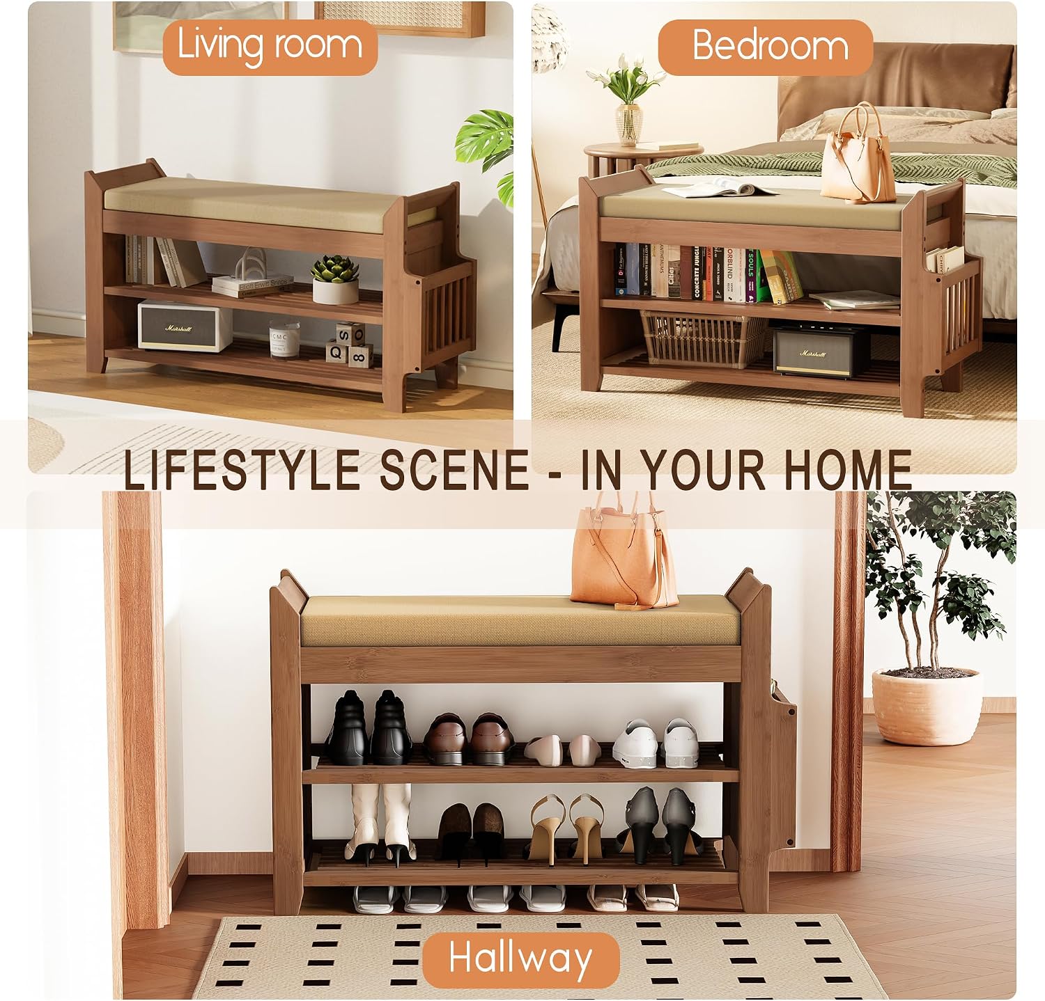39Inch Bench with Storage, Bamboo Entryway Bench with Drawer & Magazine Rack, Upholstered Cushioned Seat, Shoe Bench for Entryway, Living Room, Bedroom End of Bed (Natural Bamboo)