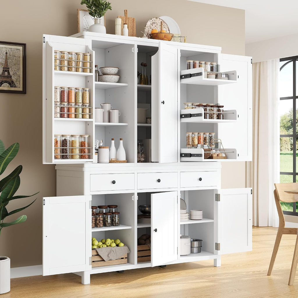 roomfitters 74.8" Kitchen Pantry Organizers and Storage Kitchen Cabinet, Storage Hutch with Door Spice Racks, 3 Drawers, White