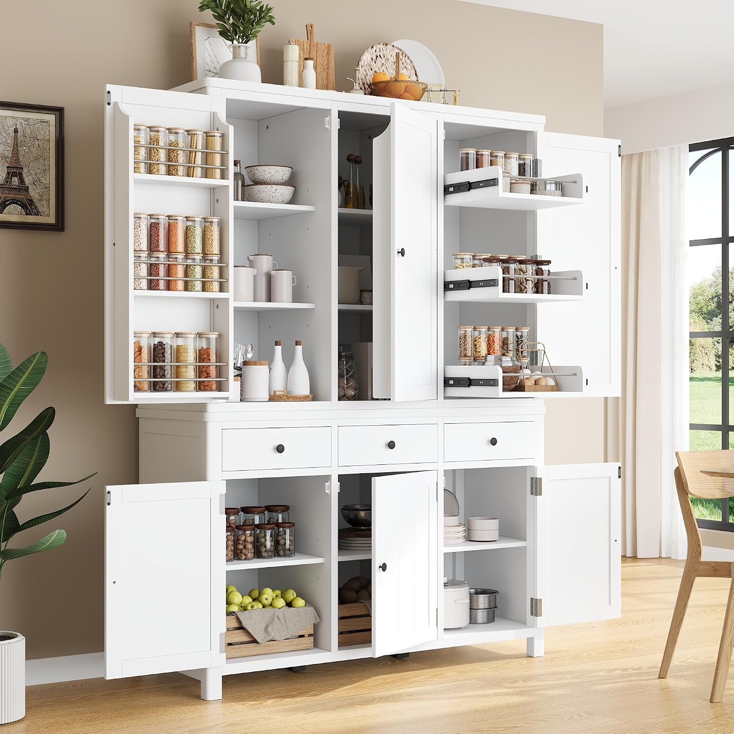 roomfitters 74.8" Kitchen Pantry Organizers and Storage Kitchen Cabinet, Storage Hutch with Door Spice Racks, 3 Drawers, White