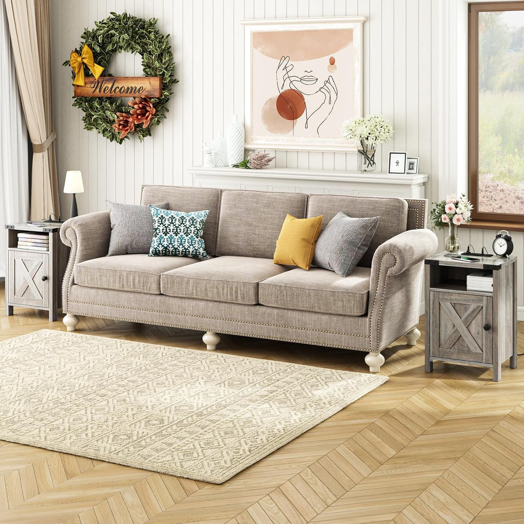 Fameill Farmhouse End Tables with Charging Station, Nightstand with Barn Door and Shelf, Rustic Living Room Bedroom Side Table, Wash Grey