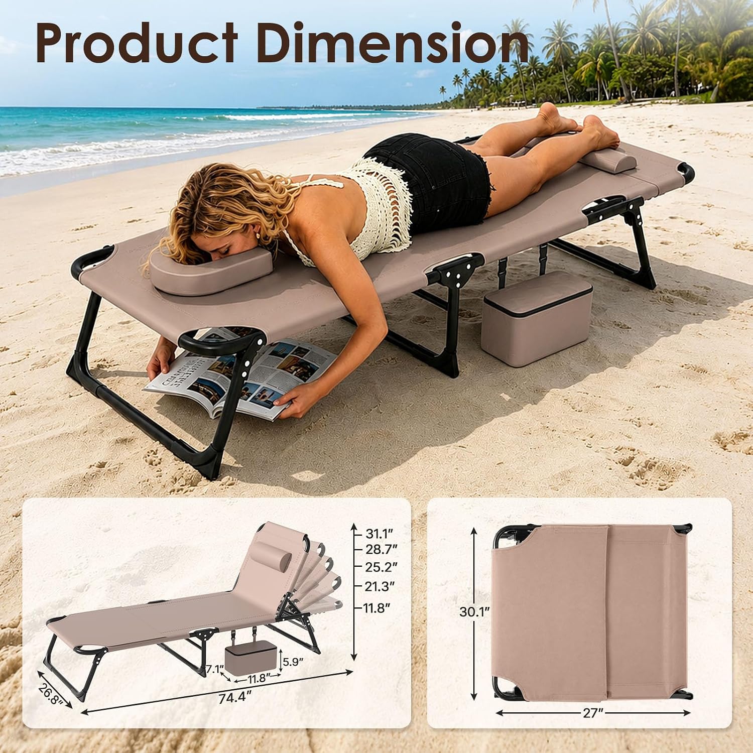 Suteck Tanning Chair with Face Hole, Folding Beach Lounge Chairs, Beige | Adjustable 5-Position Reclining Chaise, Removable Cushion & Pillow, Cooler Bag, 500Lbs Heavy-Duty for Outdoor Camping& Home