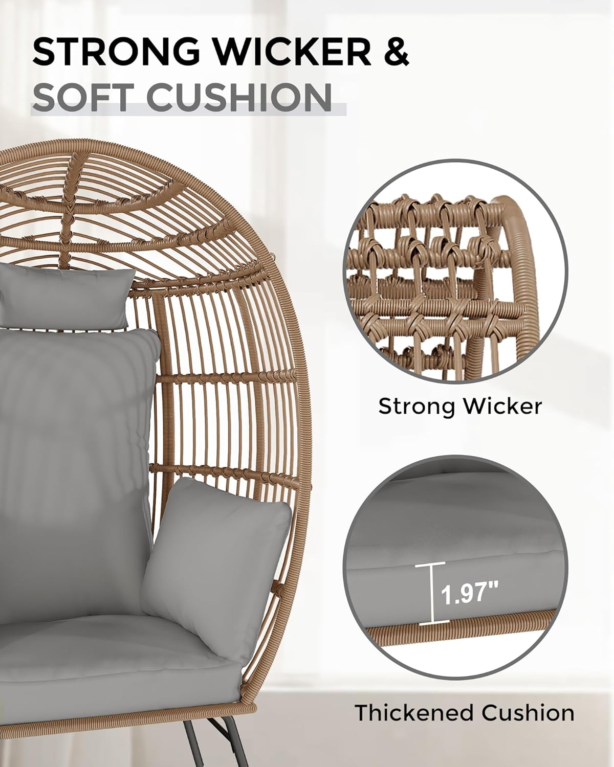 Wicker Egg Chair with Ottoman, Oversized Egg Shaped Lounge Chair with Thick Cushion, Comfy Rattan Seat for Indoor Outdoor Patio Porch Backyard, Grey