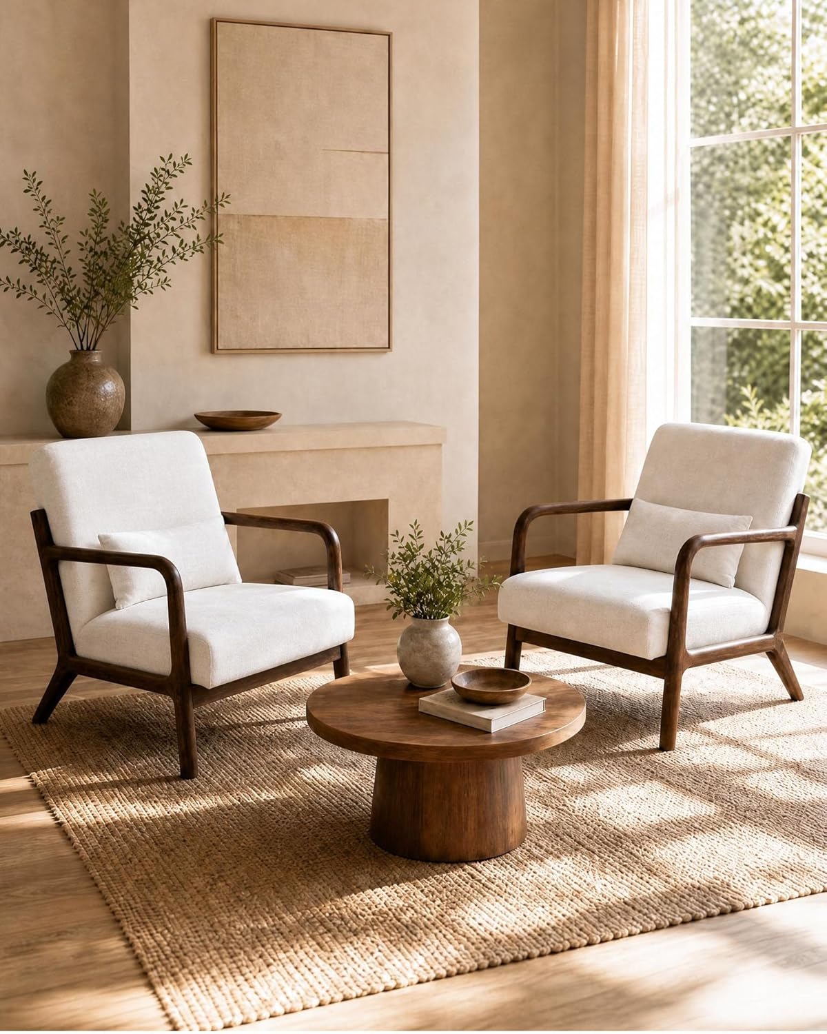 Garvee Mid-Century Chenille Accent Chair, Cozy Reading Chair, Modern Lounge Armchair with Lumbar Pillow, Solid Wood Frame, for Living Room, Bedroom, Office, Beige