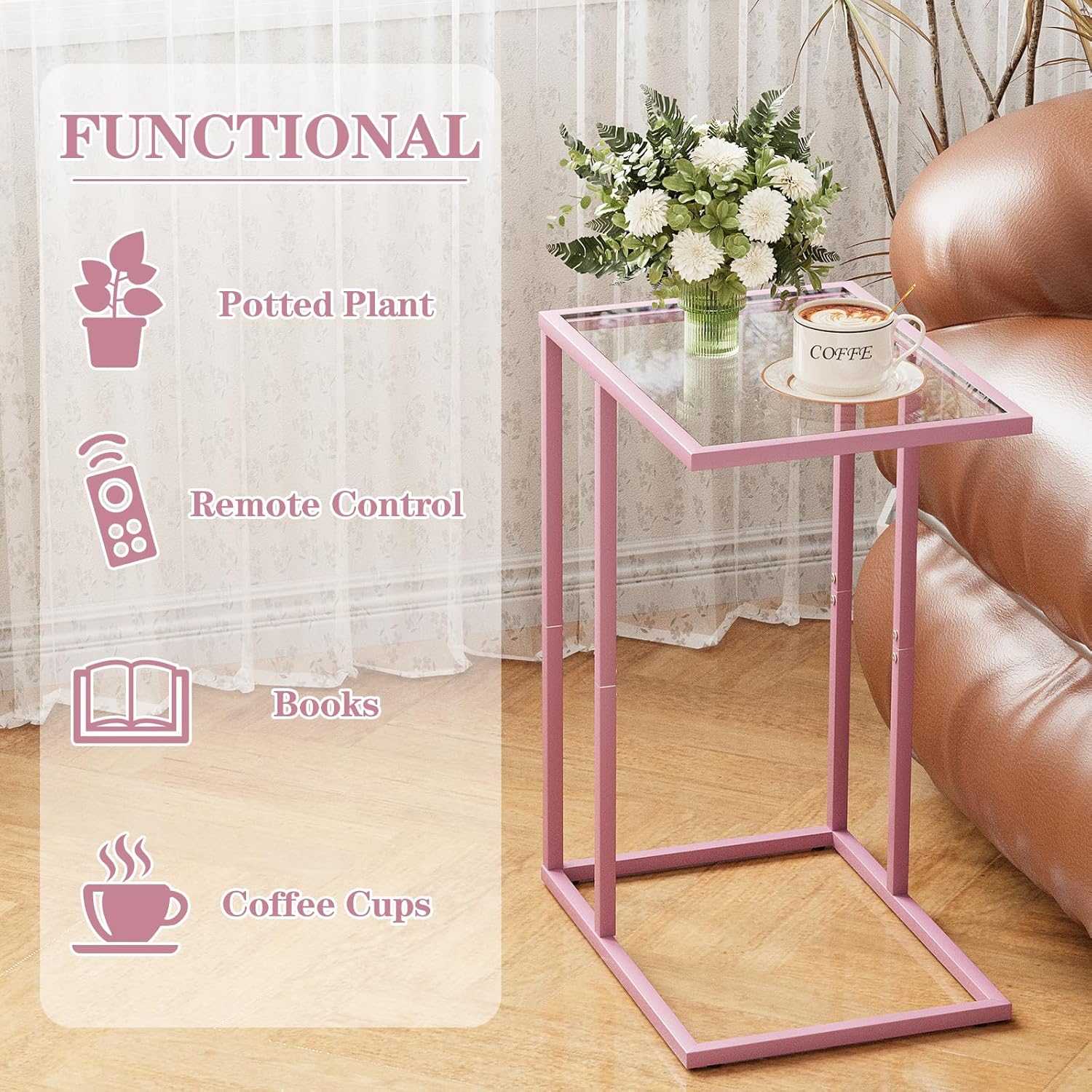 C Shaped End Table Set of 2, Small Side Couch Sofa Tables for Living Room,Glass Tv Tray Snack Dinner Table with Metal Frame, Easy Assembly (Pink)