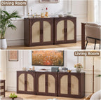 LEYAOYAO Rattan Sideboard Buffet Cabinet with Storage, 31.5" Coffee Bar Cabinet with Arch Doors & Adjustable Shelves, Wood Credenza, Boho Accent Cabinet for Kitchen, Living Room, Walnut