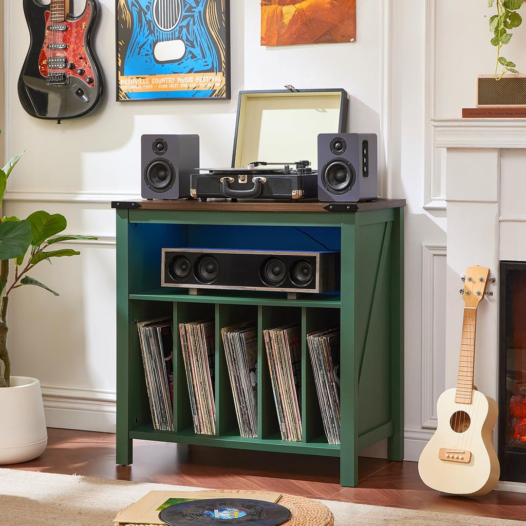 Joaxswe Large Record Player Table with Charger Station & LED Lights, Vinyl Record Storage Player Table up to 230 Albums, Turntable Stand with Display Shelf for Music Room Bedroom Living Room (Green)