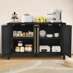 Rattan Sideboard Buffet Credenza Cabinet - Large Farmhouse Kitchen Coffee Bar Cabinet with 4 Rattan Door Storage for Entryway Living Room, 55" x 15" x 31.5" (Black)