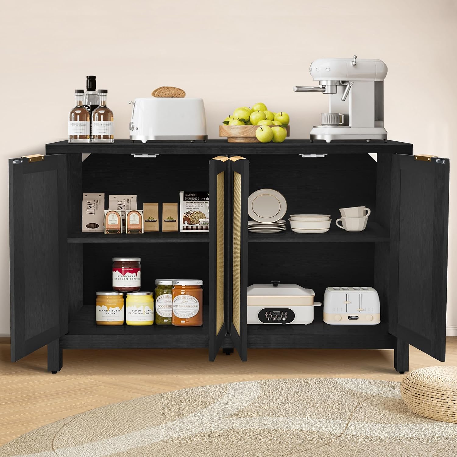 Rattan Sideboard Buffet Credenza Cabinet - Large Farmhouse Kitchen Coffee Bar Cabinet with 4 Rattan Door Storage for Entryway Living Room, 55" x 15" x 31.5" (Black)