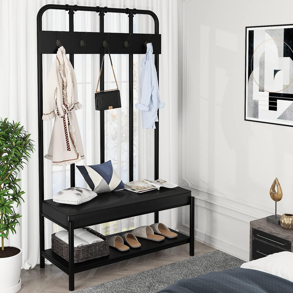 Allewie Coat Rack Shoe Bench, 75" Freestanding Hall Tree, Entryway Bench with Storage Shelves, Upholstered Sponge-Padded Seat, Organized with 5 Hooks, Industrial Furniture, Easy Assembly, Black