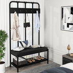 Allewie Coat Rack Shoe Bench, 75" Freestanding Hall Tree, Entryway Bench with Storage Shelves, Upholstered Sponge-Padded Seat, Organized with 5 Hooks, Industrial Furniture, Easy Assembly, Black