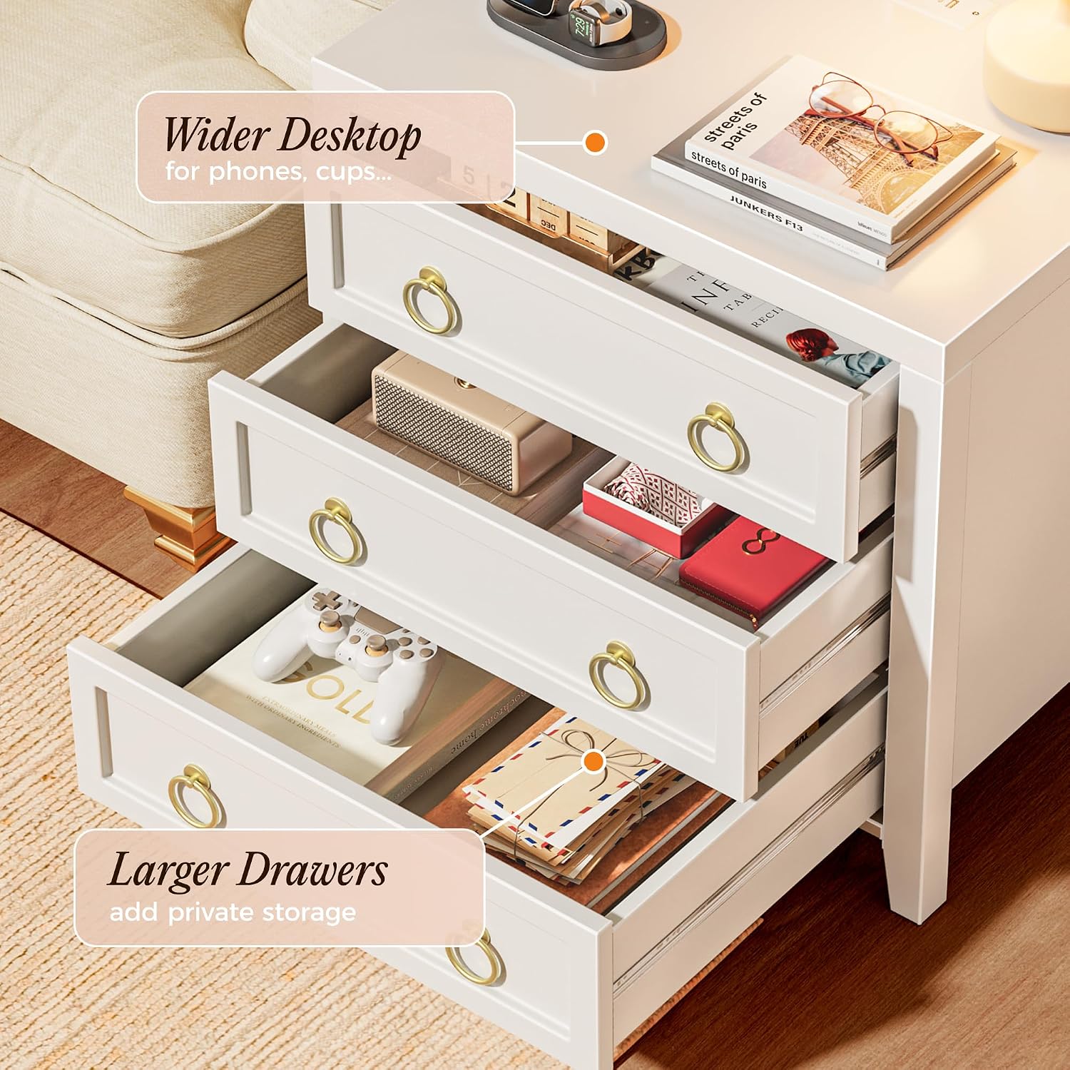 Huuger Paint Night Stand with Charger Station and USB-C Port, 3 Drawer Nightstands Set of 2, Larger Wider Bedside Table, Modern End Table, for Bedroom, White Nightstand