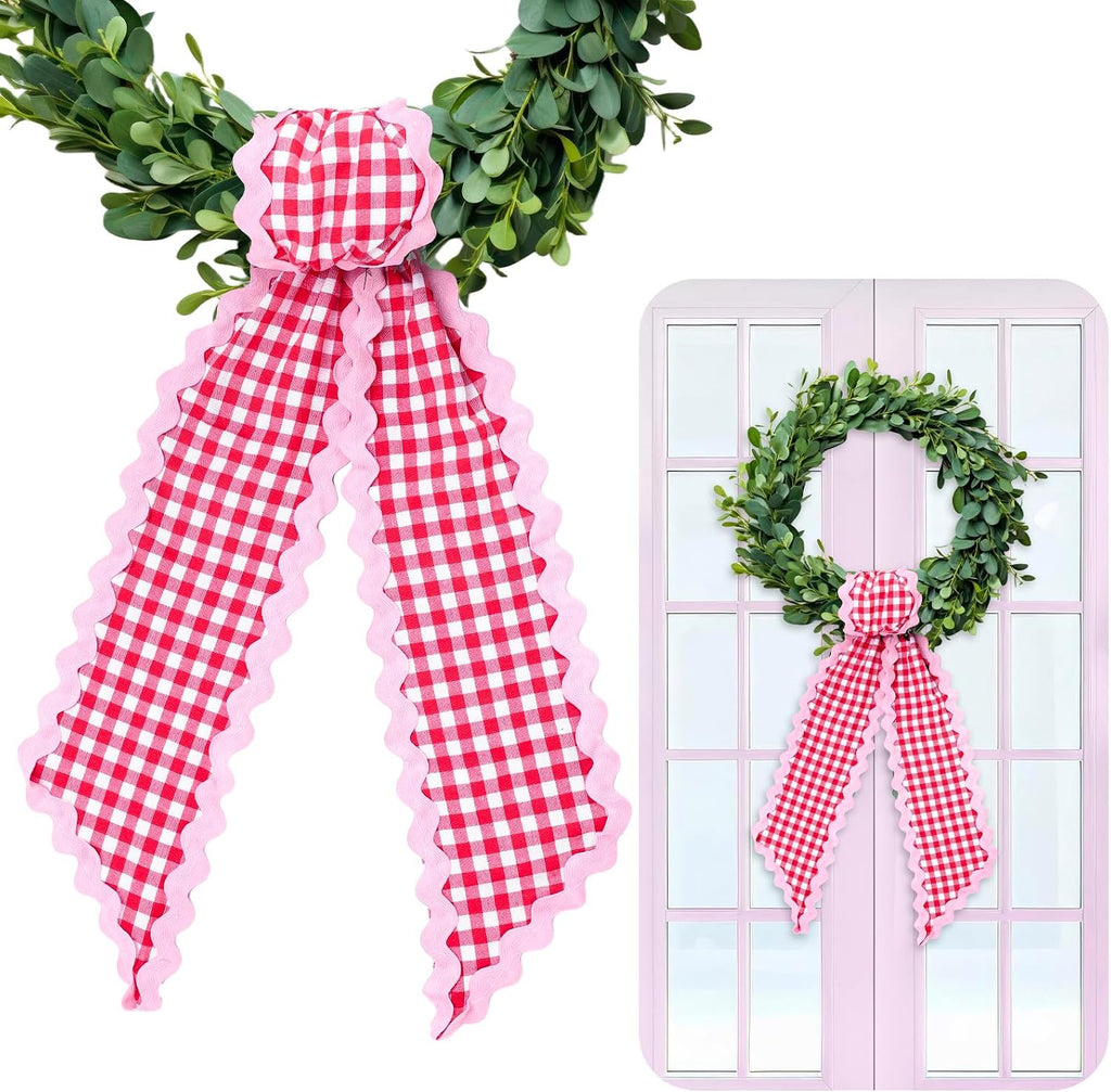 Whaline 2Pcs Wreath Sash for Front Door White Red Plaid Garland Ribbon for Holiday Wedding Birthday Party Home Decor Indoor Outdoor