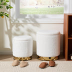 Royal Windsor Boucle Round Ottoman with Storage Set of 2, Vanity Stool with Storage for Bedroom, Ottoman Coffee Table Gold-Tone Ring Around The Base, Small Foot Stool for Living Room, White
