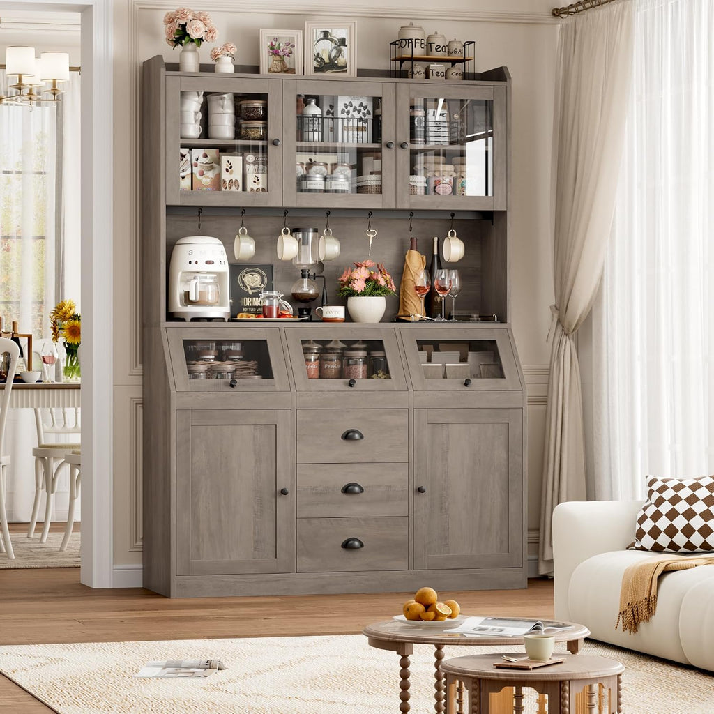 HIFIT 71.4” H Farmhouse Pantry Cabinet with 3 Bread Boxes and 7 Metal Hooks, 47.2” Wide Kitchen Hutch Cabinet with Storage and Glass Doors, Ash Grey