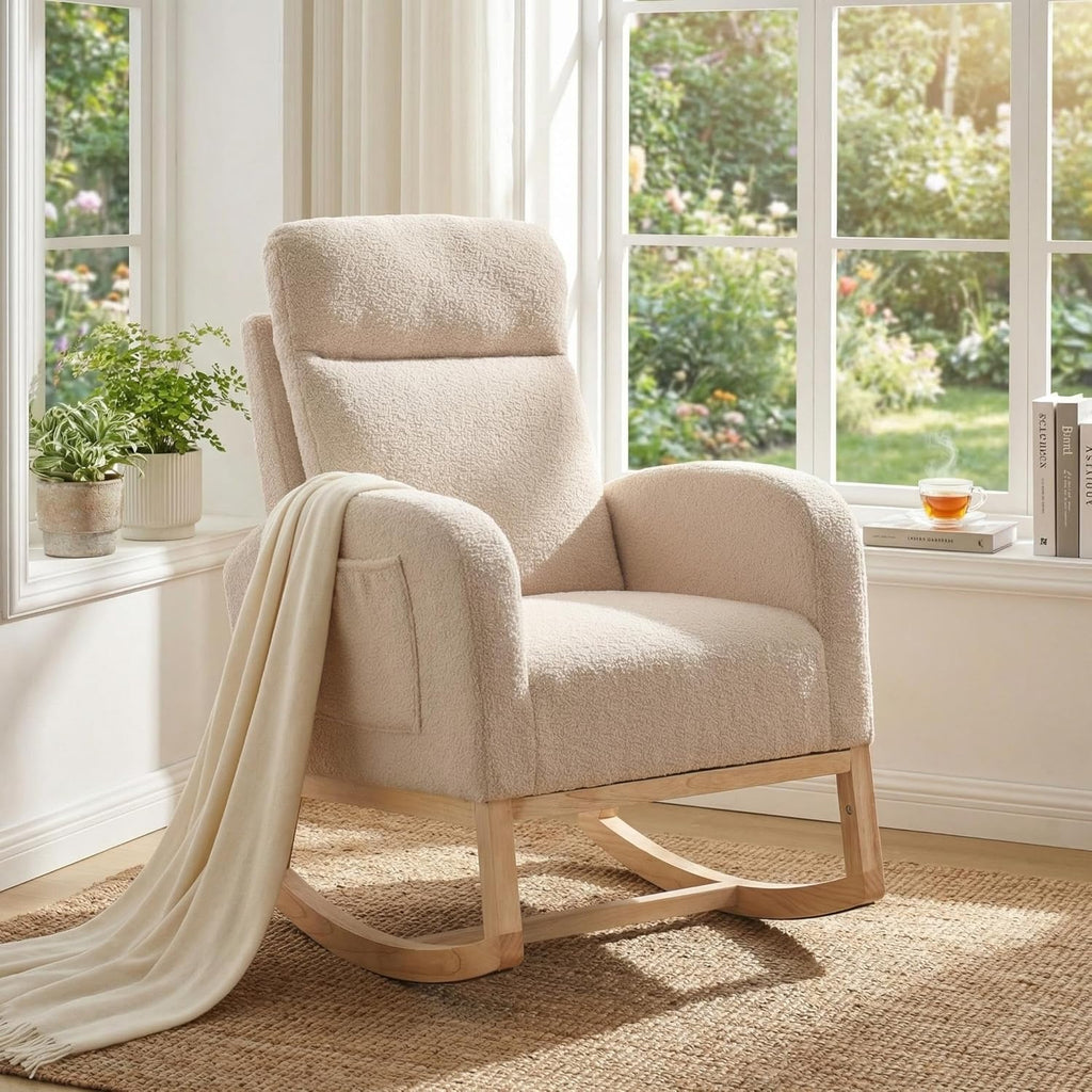 Modern Nursery Rocking Chair, Upholstered Glider Rocking Chair for Living Room, Comfortable Rocker Recliner with Side Pocket, Rocker Glider for Bedroom, Nursing Room