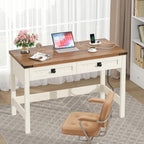 YOMILUVE Farmhouse Computer Desk with 2 Drawers, 39 Inch Small Office Computer Desk with Power Outlets, Compact Writing Study Desk for Small Spaces, Antique White
