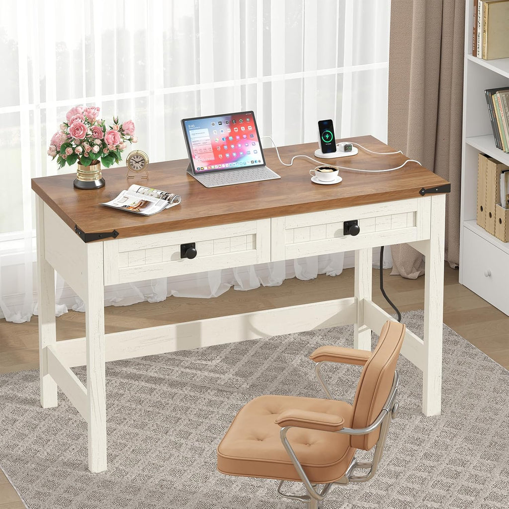 YOMILUVE Farmhouse Computer Desk with 2 Drawers, 39 Inch Small Office Computer Desk with Power Outlets, Compact Writing Study Desk for Small Spaces, Antique White