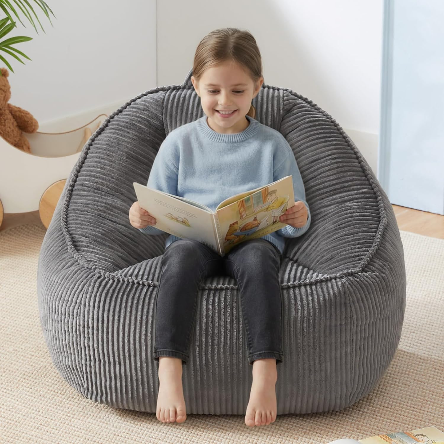 HUGHEAVEN Bean Bag Chair for Kids, Small Kids Bean Bag Chair, Cozy Reading Chair & Stuffed Floor Sofa, Soft Bean Bag Seat for Boys and Girls, Floor Chair for Gaming, Reading, Lounging & TV, Grey