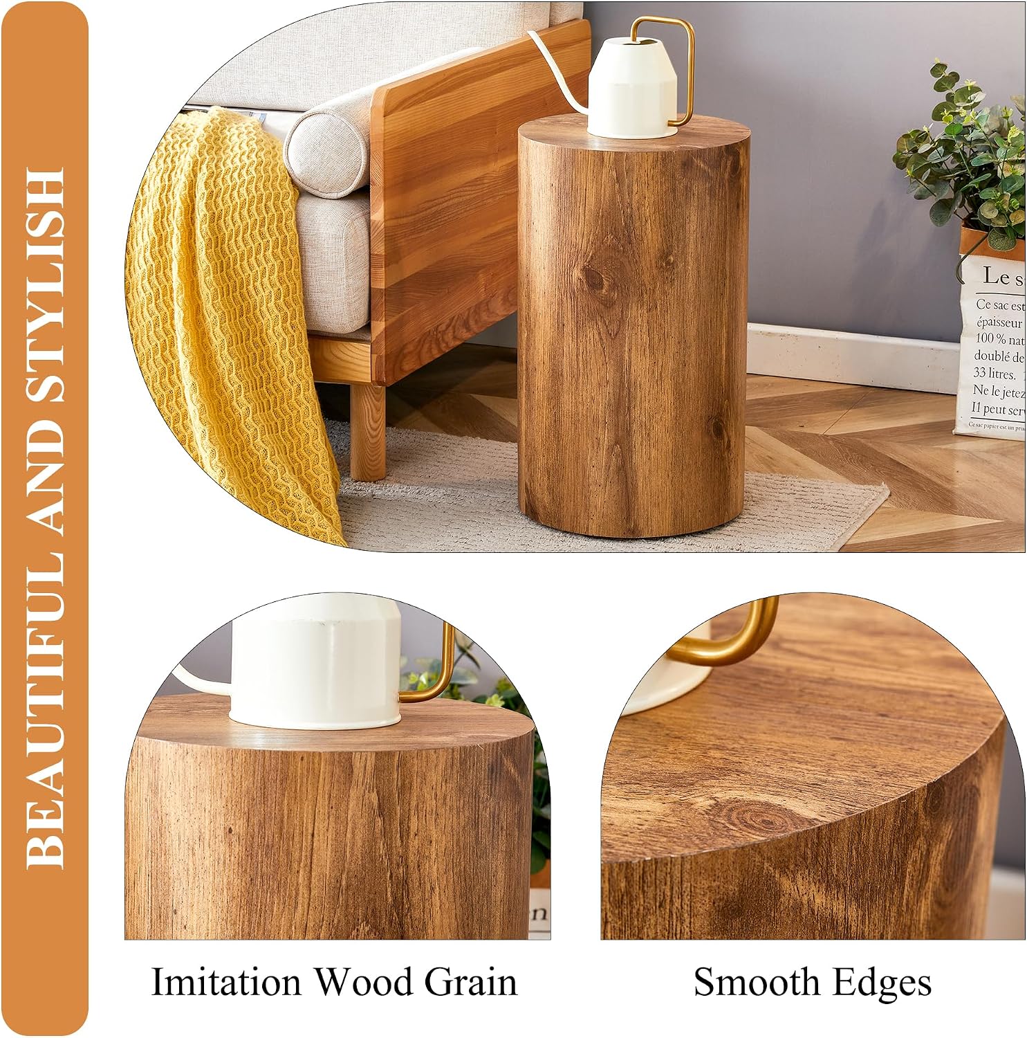 Wooden End Table Round Side Table Imitation Marble Grain Coffee Table Modern Bedside Nightstand Table for Living Room,Office, Apartment,Fully Assembled