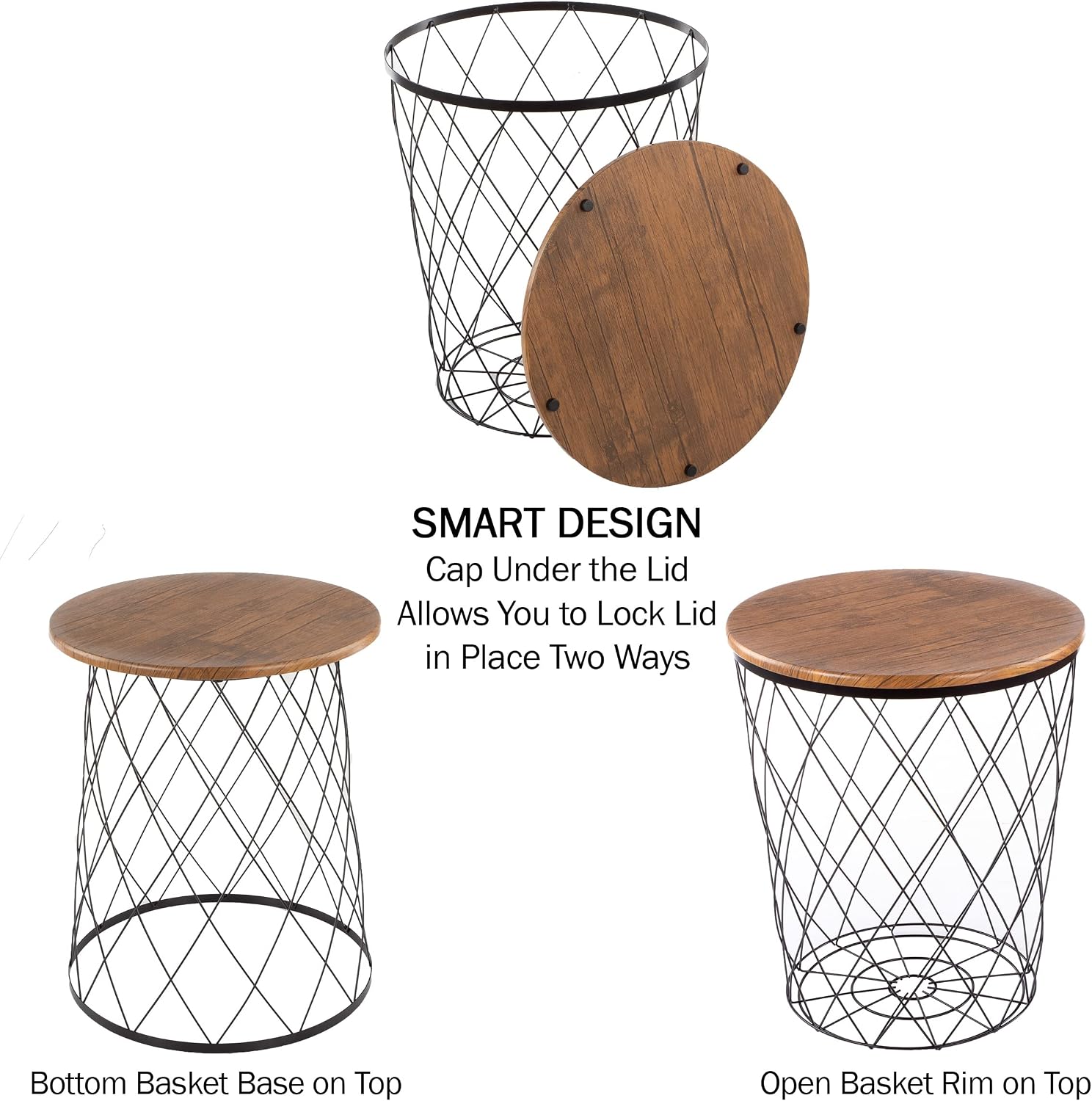 Lavish Home End Tables - Round Nesting Tables Set of 2, Brown Woodgrain | 17.5”/15.5” Side Tables with Removable Wood Tops & Metal Basket Bases for Blanket Storage, Living Room, Bedroom & Home Office