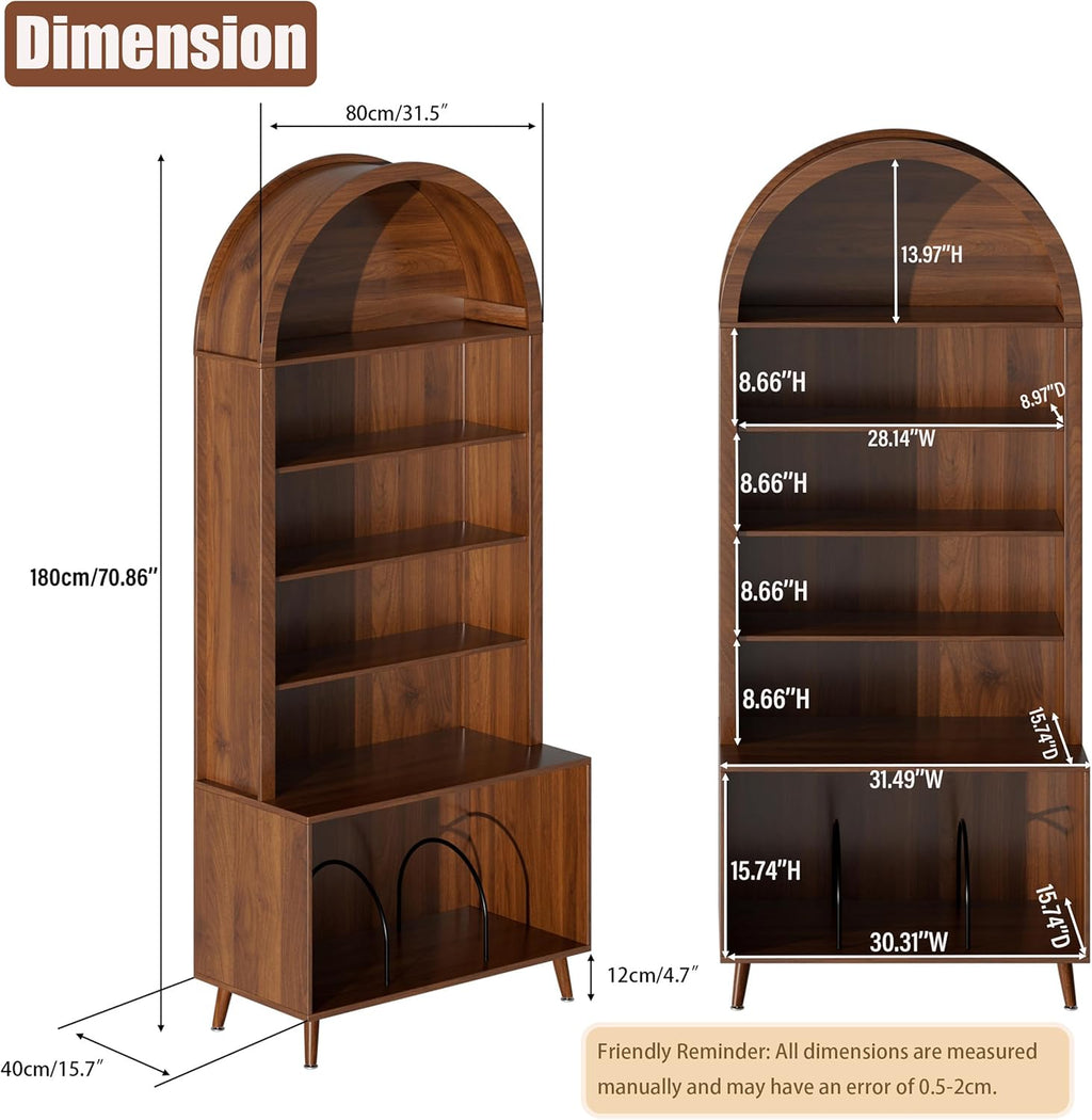 Large Record Player Stand with Vinyl Storage,6-Tier Arched Record Player Table Holds Up 350+ Albums, Turntable Stand with CD/DVD Rack,Vinyl Record Storage for Living Room (Walnut, 31.49''W)