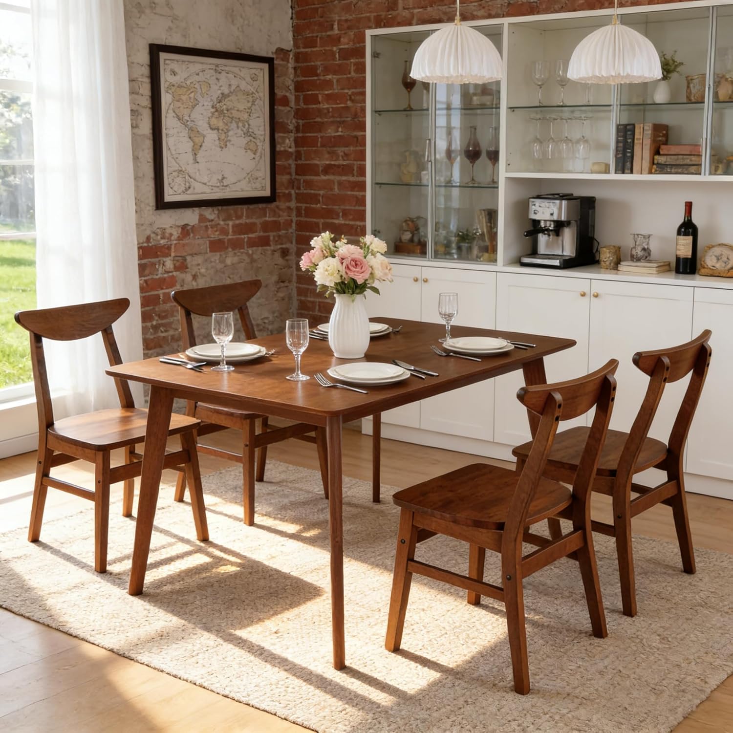DUHOME Wood Dining Table Set for 4, 43.3" Solid Wood Kitchen Table & 4 Curved Back Support Chairs, Farmhouse Natural Kitchen Table and Chairs for Small Apartment, Dining Room Kitchen