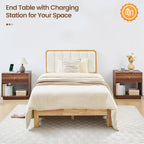 FurSch Modern End Table with Charging Station for Living Room, Wood Side Table with Drawer & Storage Shelf for Bedroom Couch Sofa (Walnut-1 pc)