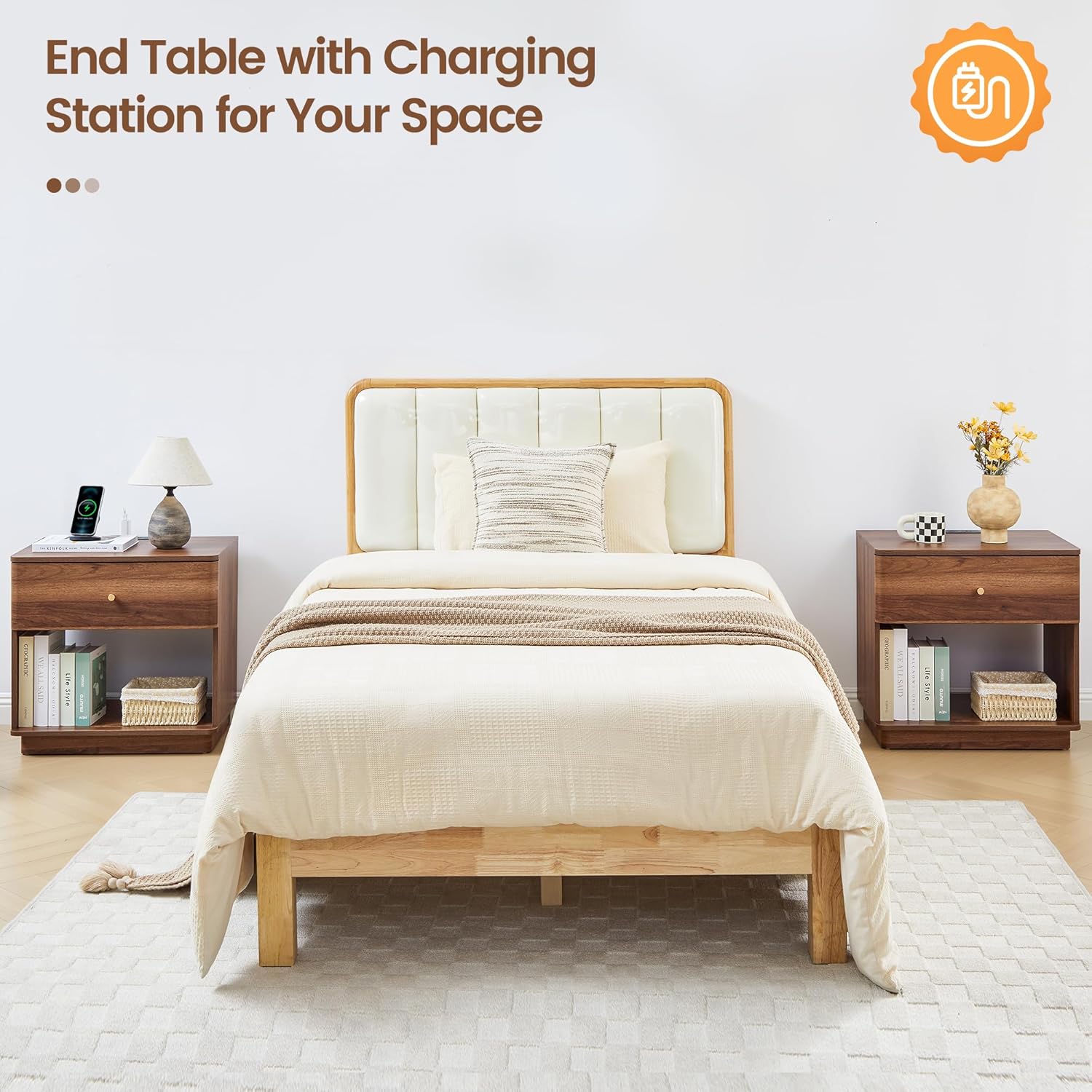 FurSch Modern End Table with Charging Station for Living Room, Wood Side Table with Drawer & Storage Shelf for Bedroom Couch Sofa (Walnut-1 pc)