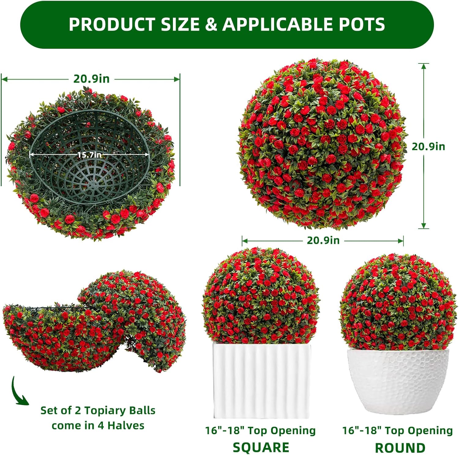 21 Inch Artificial Topiary Balls Set of 2, Artificial Topiary Flower Balls with Chains and Zip Tiles,Hanging Rose Flower Balls for Home Decor,Wedding, Office,Red