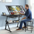 Glass Drafting Table and Stool Sets, Adjustable Height Drawing Table Art Craft Artist Desk Tilting Glass Tabletop with 2 Storage Drawers for Home Office (Black)