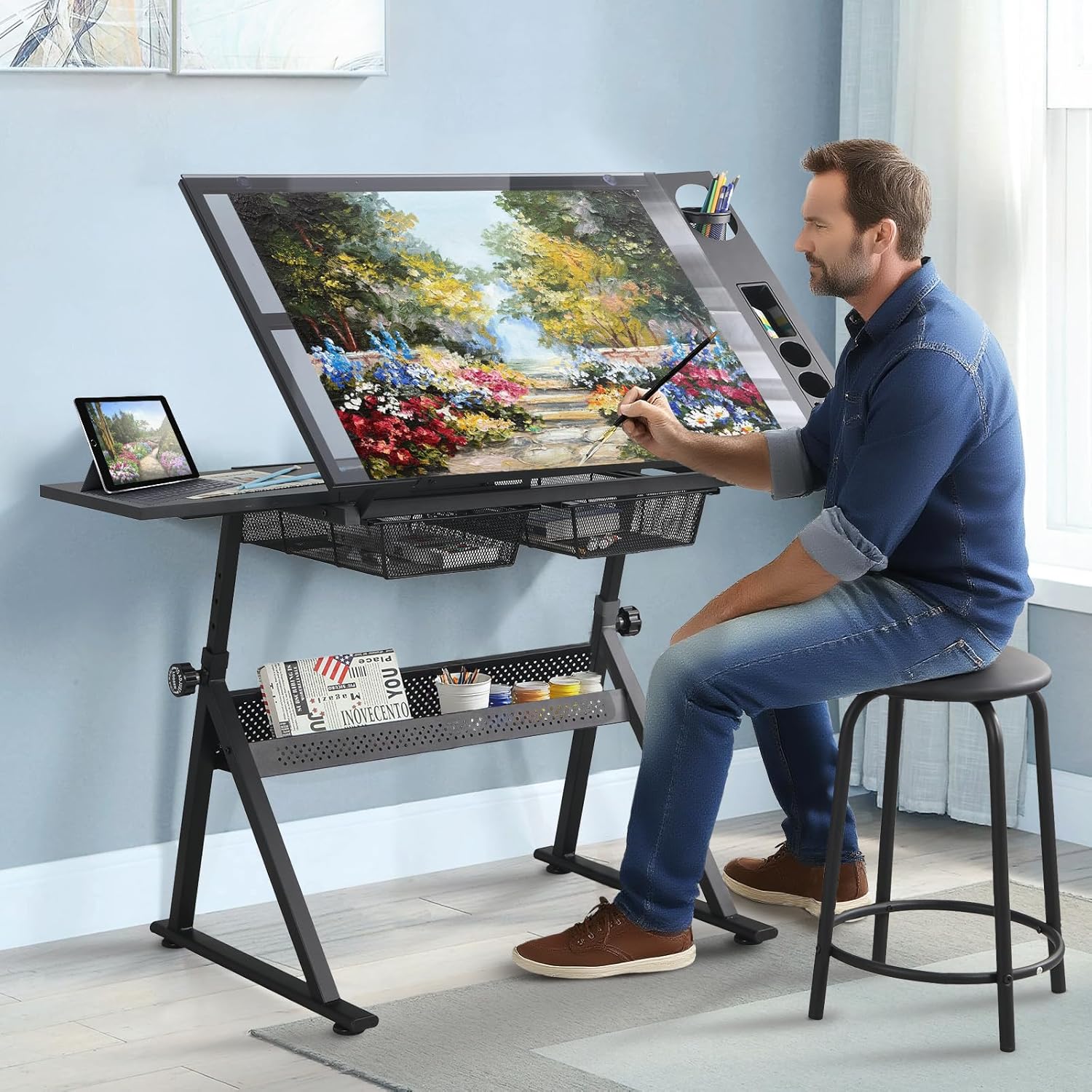 Glass Drafting Table and Stool Sets, Adjustable Height Drawing Table Art Craft Artist Desk Tilting Glass Tabletop with 2 Storage Drawers for Home Office (Black)