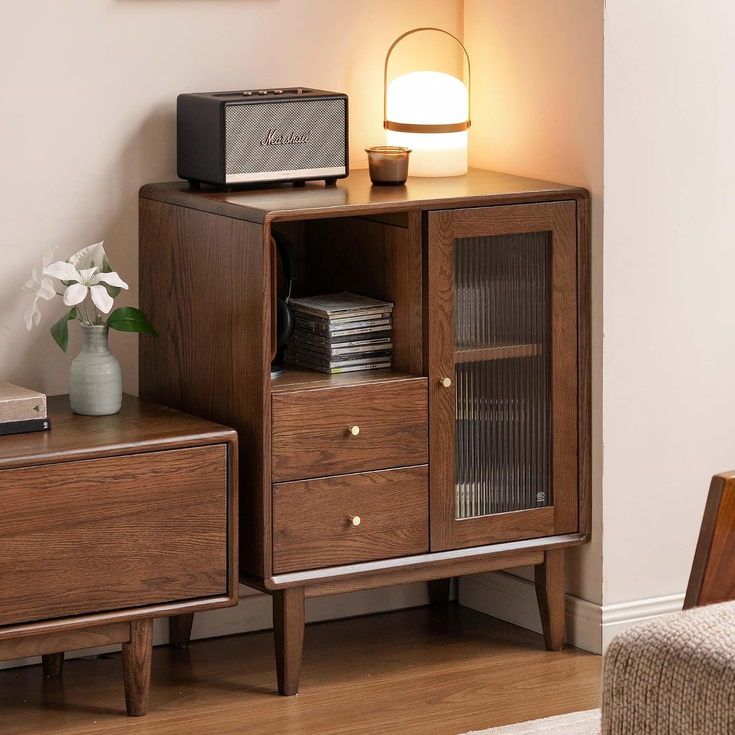 Mid-Century Modern Solid Wood Accent Cabinet 25.6" W x 15.7" D x 31.5" H – Buffet Sideboard with Glass Door & 2 Drawers, Easy Assembly, Walnut/Natural