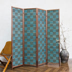4 Panel Bamboo Room Divider, 5.6 ft Tall Double-Sided Folding Privacy Screen - Freestanding Partition Wall for Home Office, Modern Blue Checker Texture