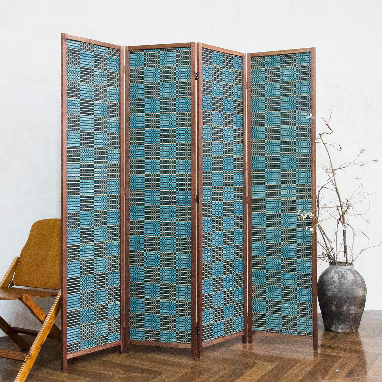 4 Panel Bamboo Room Divider, 5.6 ft Tall Double-Sided Folding Privacy Screen - Freestanding Partition Wall for Home Office, Modern Blue Checker Texture