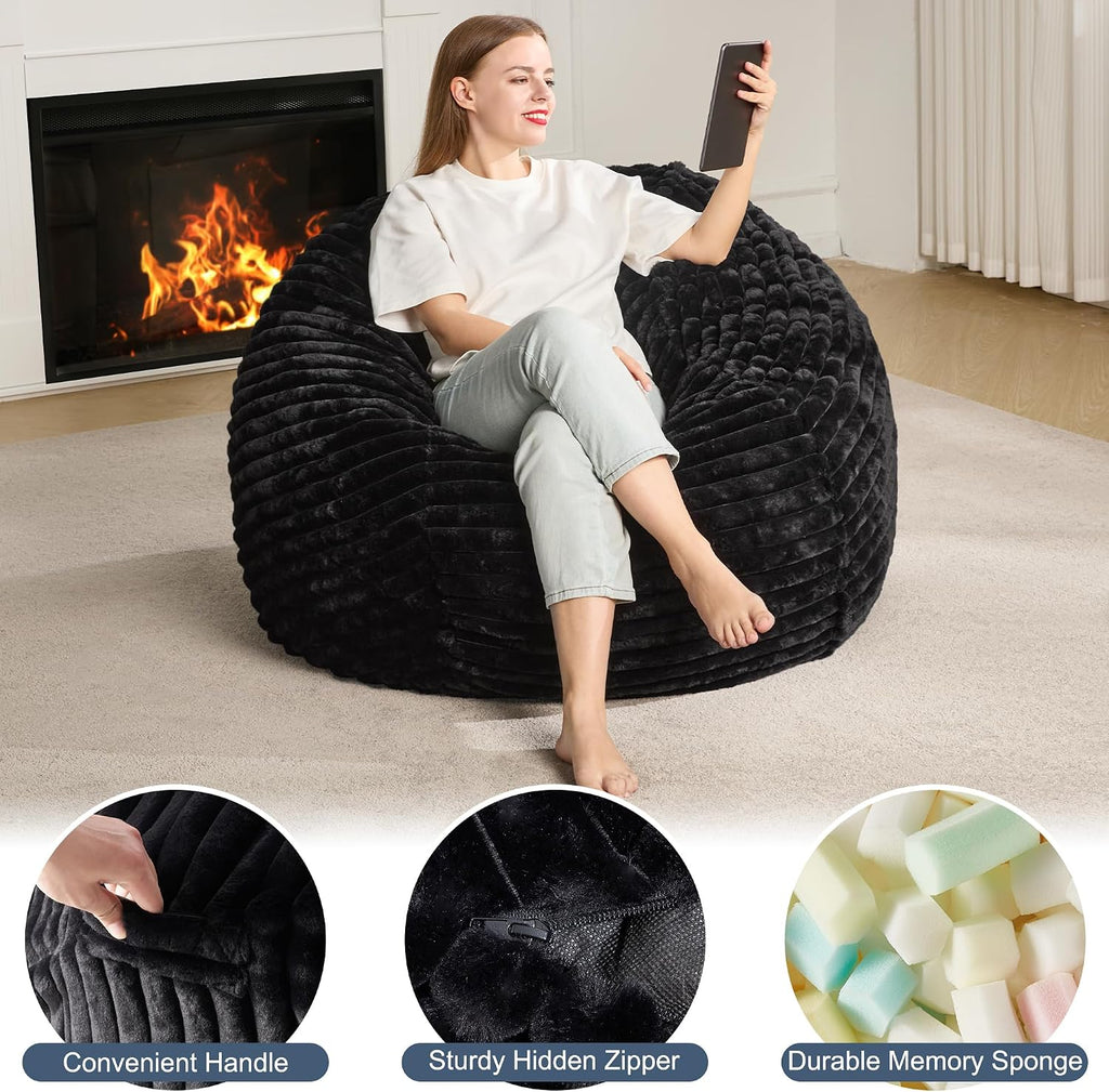 Hobestluk Adult Bean Bag Chair Giant Beanbag with Filling Living Room 3FT | Black Large Big Oversized Bean Bag Chair Memory Foam Filling Machine Washable Fluffy Cover Bedroom Dorm Reading Gaming