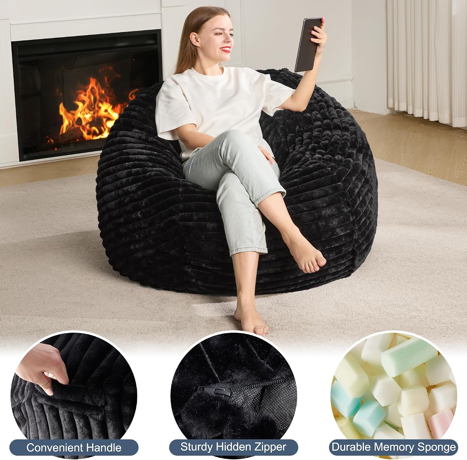 Hobestluk Adult Bean Bag Chair Giant Beanbag with Filling Living Room 3FT | Black Large Big Oversized Bean Bag Chair Memory Foam Filling Machine Washable Fluffy Cover Bedroom Dorm Reading Gaming