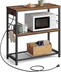 VASAGLE Kitchen Island with Power Strip, Microwave Oven Stand, Kitchen Shelf, Baker's Rack with 3 Open Shelves, 6 Hooks, Metal Frame, 15.7 x 31.5 x 35.4 Inches, Rustic Brown and Black UKKI102KD02S