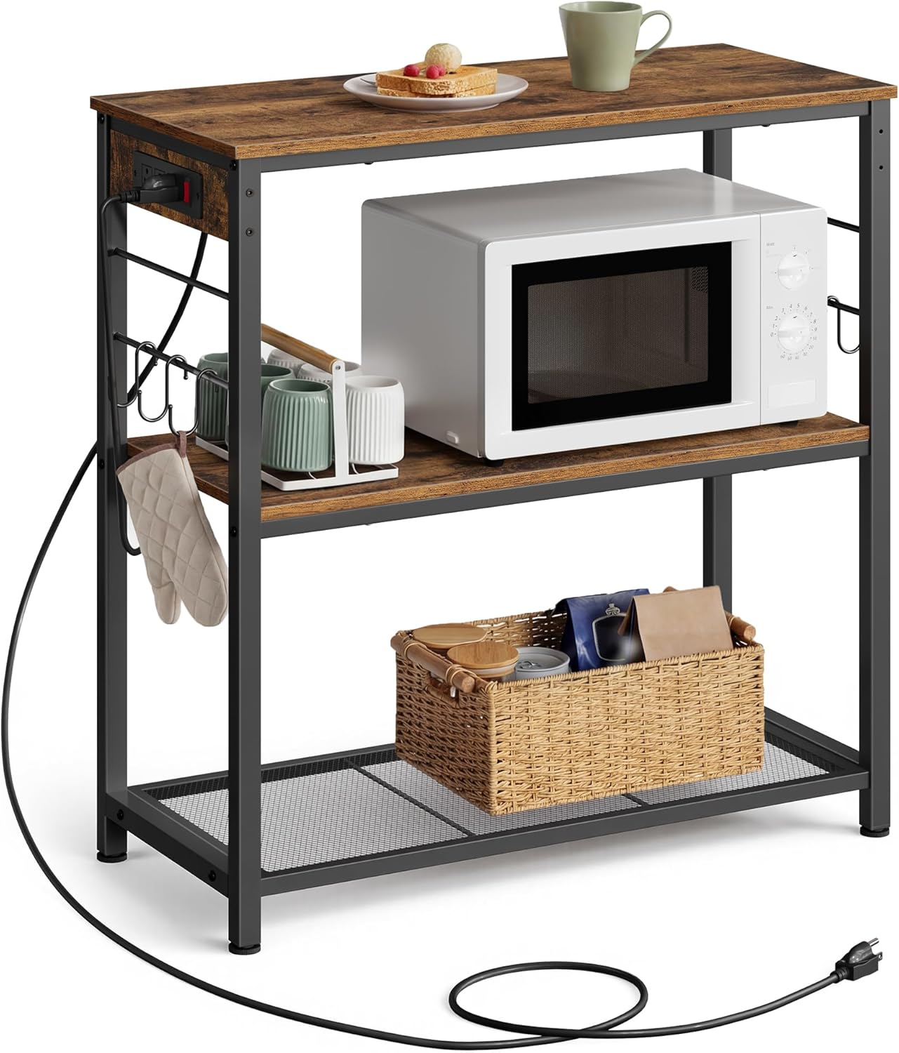 VASAGLE Kitchen Island with Power Strip, Microwave Oven Stand, Kitchen Shelf, Baker's Rack with 3 Open Shelves, 6 Hooks, Metal Frame, 15.7 x 31.5 x 35.4 Inches, Rustic Brown and Black UKKI102KD02S
