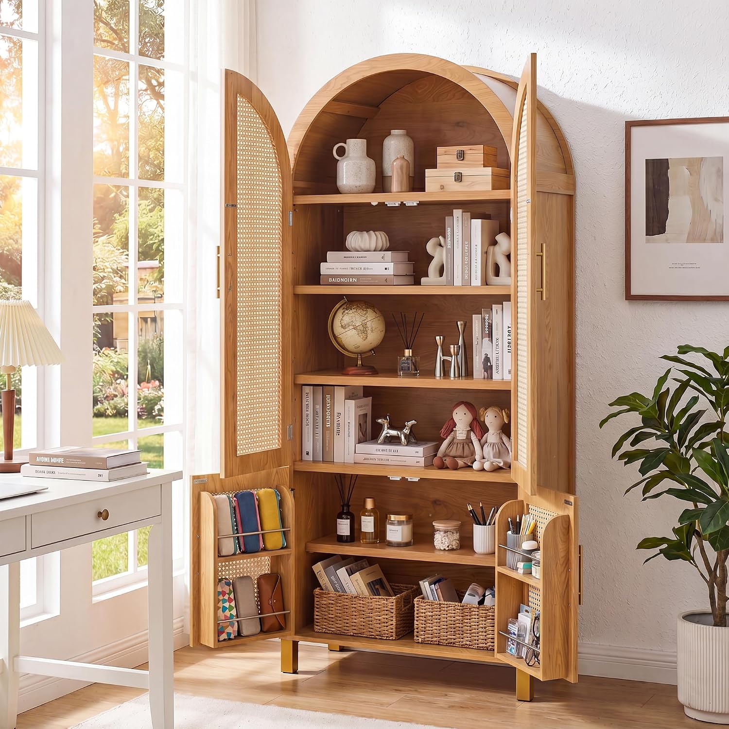 71" Tall Arched Pantry Cabinet with 4 Rattan Doors, 6-Tier Adjustable Shelves, 4 Built-in Door Racks, Rattan Storage Cabinet for Kitchen Dining Room, Soft-Close & Anti-tip Design, Oak