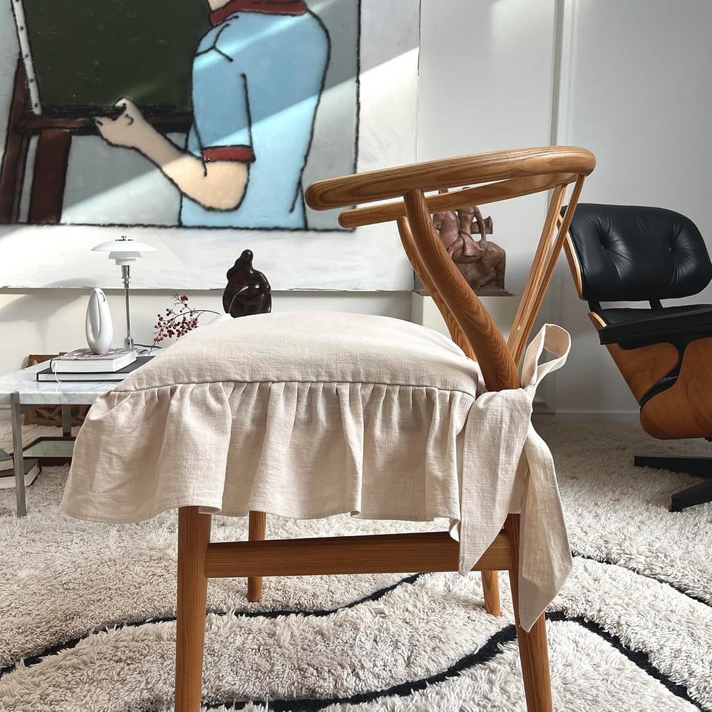 Korean Made Chair Pad 17.5'x 17.5' Slipcover Chair Cushion Cover with Ties and Ruffle Farmhouse Decor No Cushion Insert, Stocking Stuffer Gift for Mom (Vanilla)