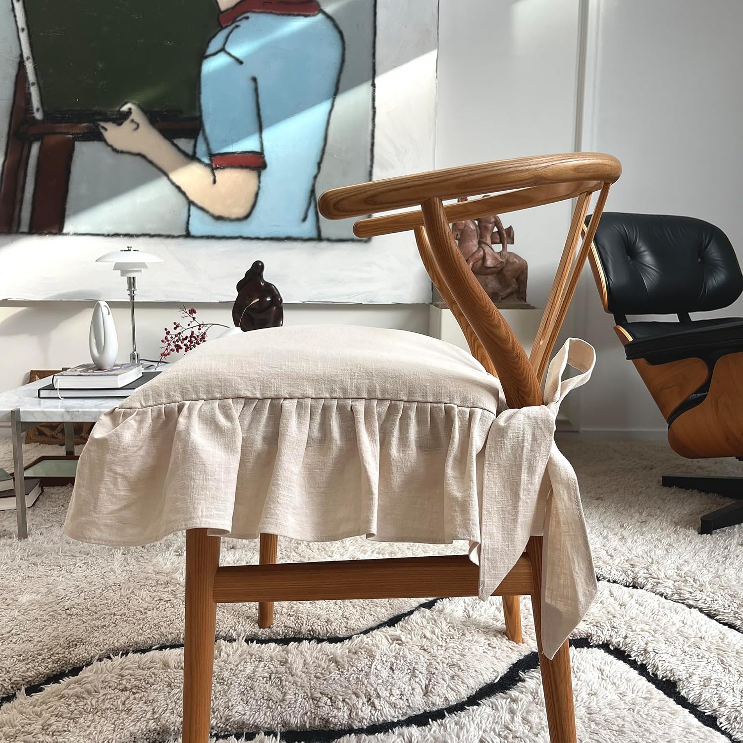 Korean Made Chair Pad 17.5'x 17.5' Slipcover Chair Cushion Cover with Ties and Ruffle Farmhouse Decor No Cushion Insert, Stocking Stuffer Gift for Mom (Vanilla)