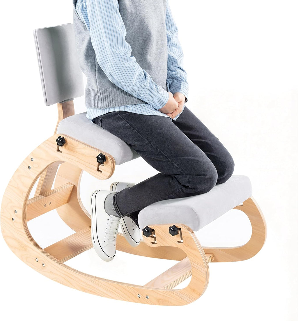 VDNEND Ergonomic Kneeling Chair with Back Support,Wooden Kneeling Chair Desk for Work, Rocking Office Kneel Chairs for Relieve Back Pain, Kneeling Posture Chairs for Gaming,Home (Light Gray)