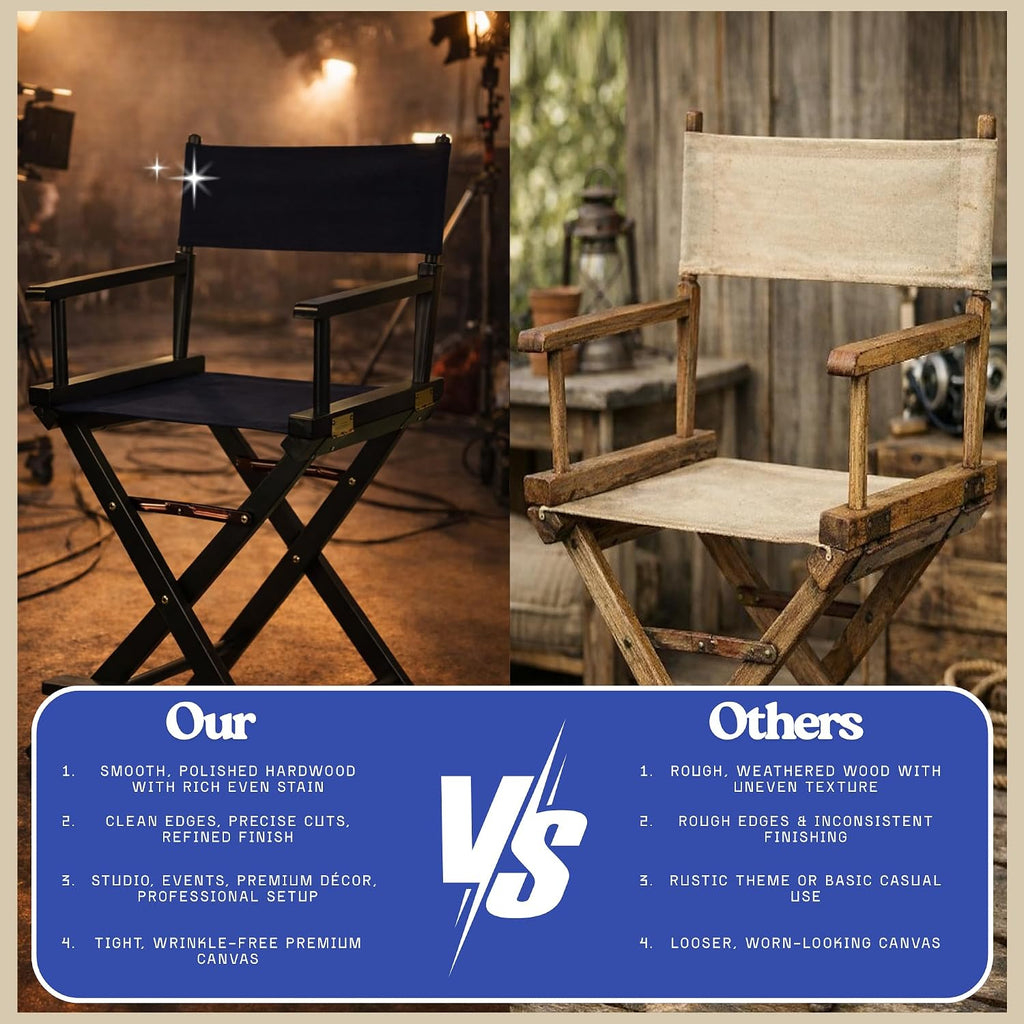30-inch Directors Chair with Black Wood Frame and Navy Blue Canvas Seat and Backrest Folding Portable Bar Height Tall Chair for Makeup Artists, Filmmaking Events, Patio Camping, and Home Use