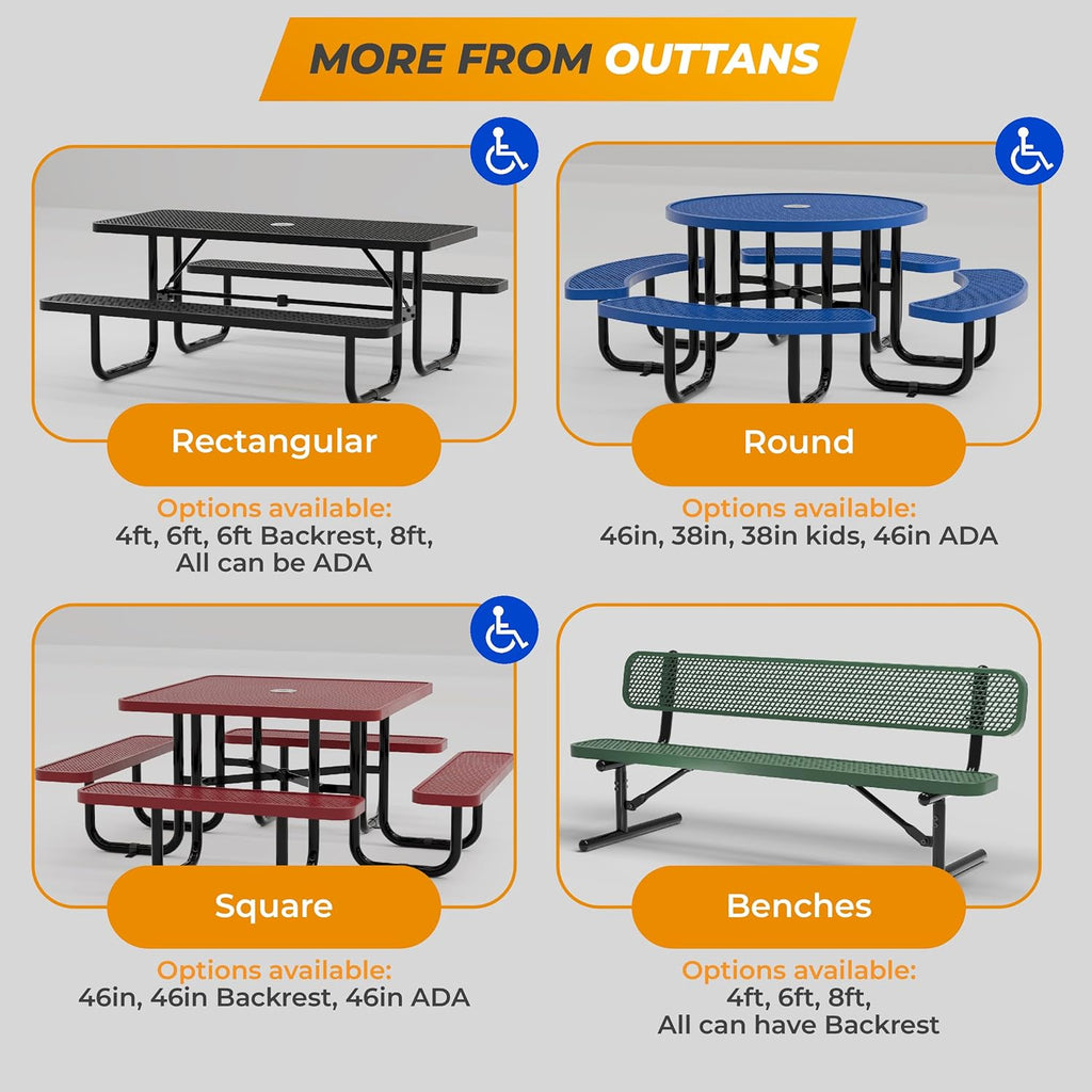 Heavy-Duty Outdoor Metal Bench, Thermoplastic-Coated, Inground, Weatherproof, Commercial-Grade for Parks, Gardens, Patios, Stores & More (6 Ft - Inground with Back, Black)